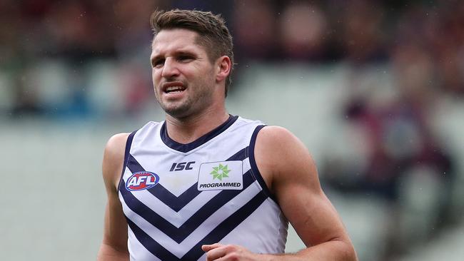 AFL Round 14. 22/06/2019.  Melbourne v Fremantle at the MCG.  Jesse Hogan of the Dockers after injuring his right foot 1st quarter    .  Pic: Michael Klein