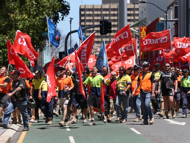 Workers marched to Parliament House to pass a motion calling on the State Government to ensure “local workers take preference over foreign labour, including 457 visa holders”. Picture: Jack Tran