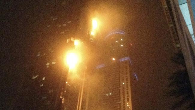 A fire blazes at "The Torch", a residential high-rise tower, in Dubai February 21, 2015. The same building caught fire earlier this year.