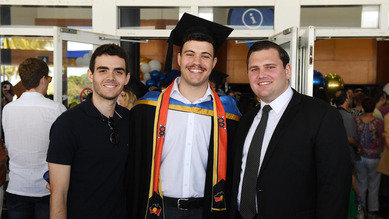 Thomas Sherrington, Damon Johnson and Matthew Gatehouse at the James Cook University 2023 Graduation. Picture: Shae Beplate.