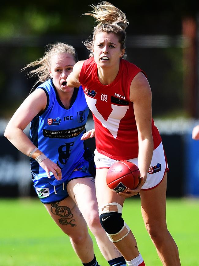 North co-captain Nadia von Bertouch looks to handball during her side’s SANFLW match against Sturt. Picture: AAP/Mark Brake