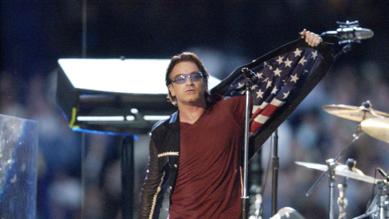 2002: U2 took to the stage for the first Super Bowl half time show after the tragic events of 9/11 the year before. Picture: Ezra Shaw/Getty Images