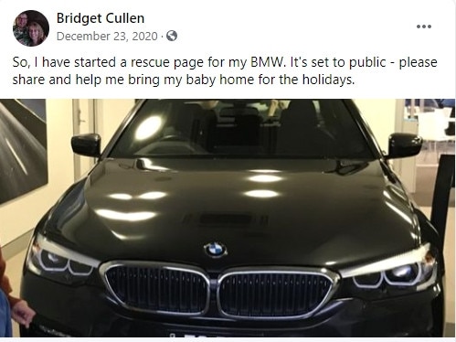 Bridget Cullen has a Facebook page dedicated to Bridget's BMW Rescue Journey after her car was stolen Picture Facebook.