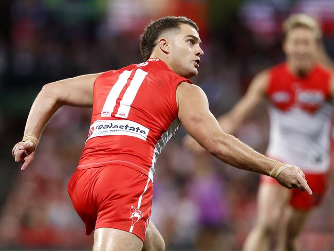 Papley got his sprinting boots out as he finished with four goals against the Cats. Picture: Phil Hillyard