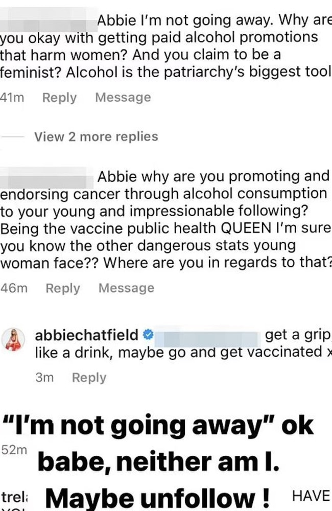 Abbie Chatfield hits back at the criticism, telling the woman to ‘get a grip’. Picture: Instagram/AbbieChatfield