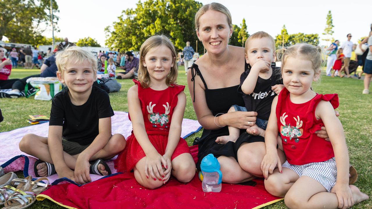 Enjoying the Christmas fun are (from left) Connor Pearce, Emily Pearce, Caitlyn McNab, Hunter Pearce and Maddie Pearce at the Triple M Mayoral Carols by Candlelight, Sunday, December 11, 2022. Picture: Kevin Farmer