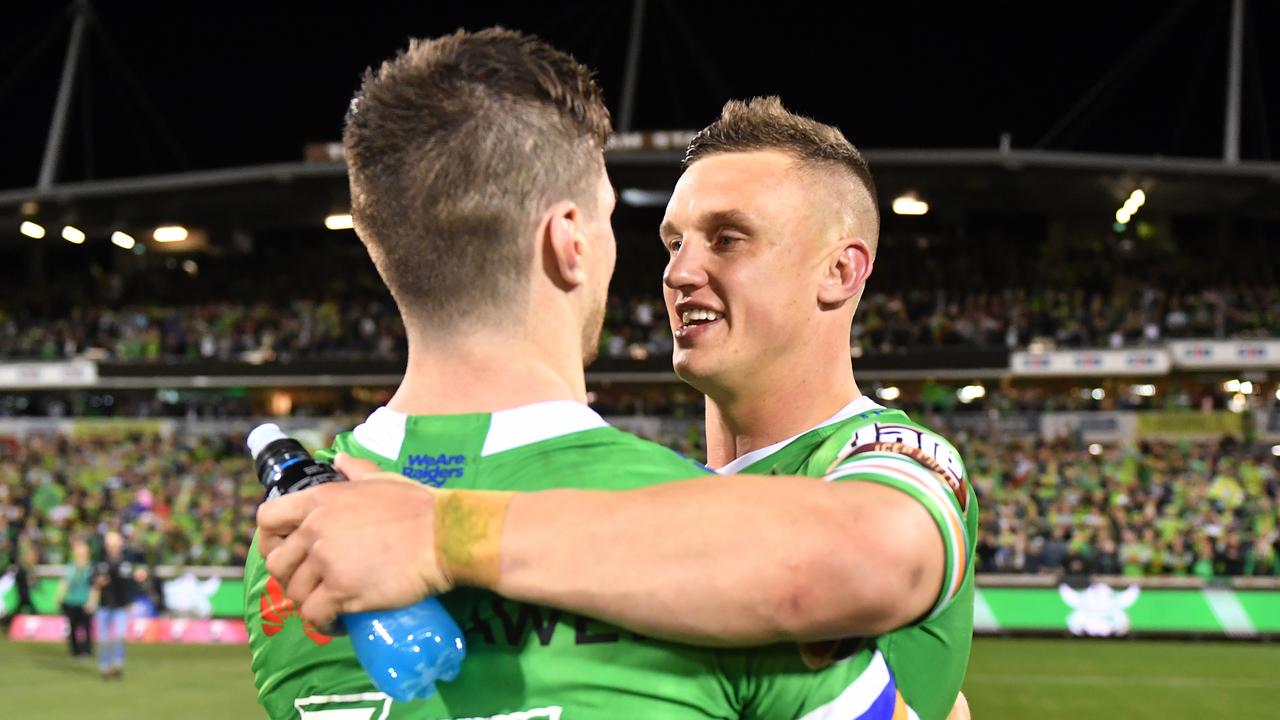 Jack Wighton and John Bateman of the Raiders celebrate after their win over the Rabbitohs during the NRL Preliminary Final match between the Canberra Raiders and South Sydney Rabbitohs at GIO Stadium in Canberra, Friday, September 27, 2019. (AAP Image/Dean Lewins) NO ARCHIVING, EDITORIAL USE ONLY