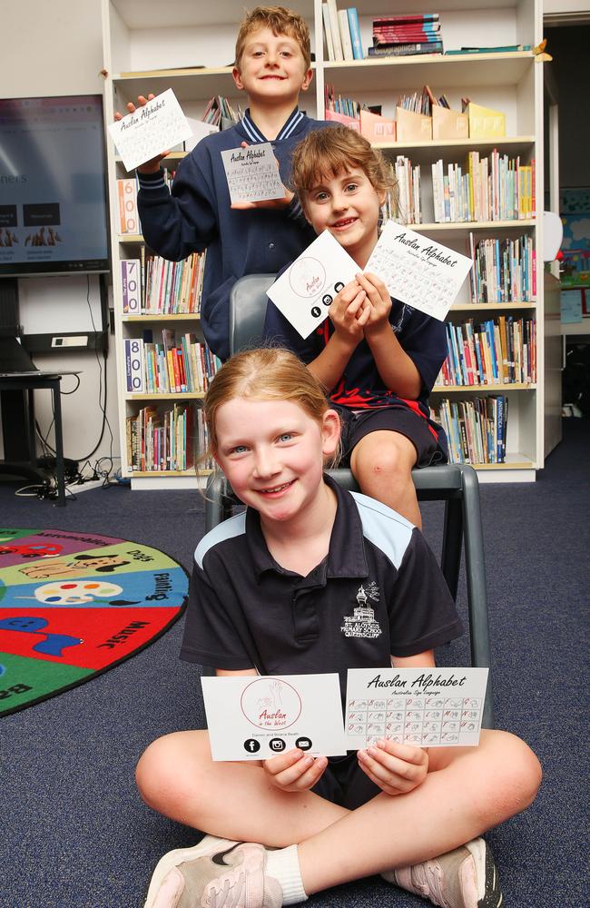 Ms Leahy said learning Auslan was breaking down barriers. Pictured students Theo, Henri and Georgia. Picture: Alan Barber