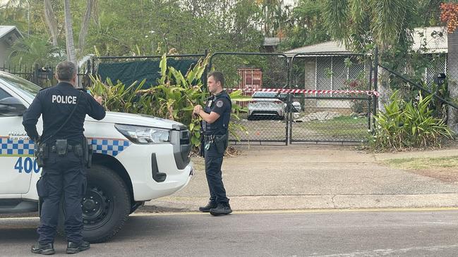 NT Police is investigating the shooting deaths of two Top End residents in Millner and Karama. Pictured is the crime scene established on Spriggs St, Millner. Picture: Zizi Averill