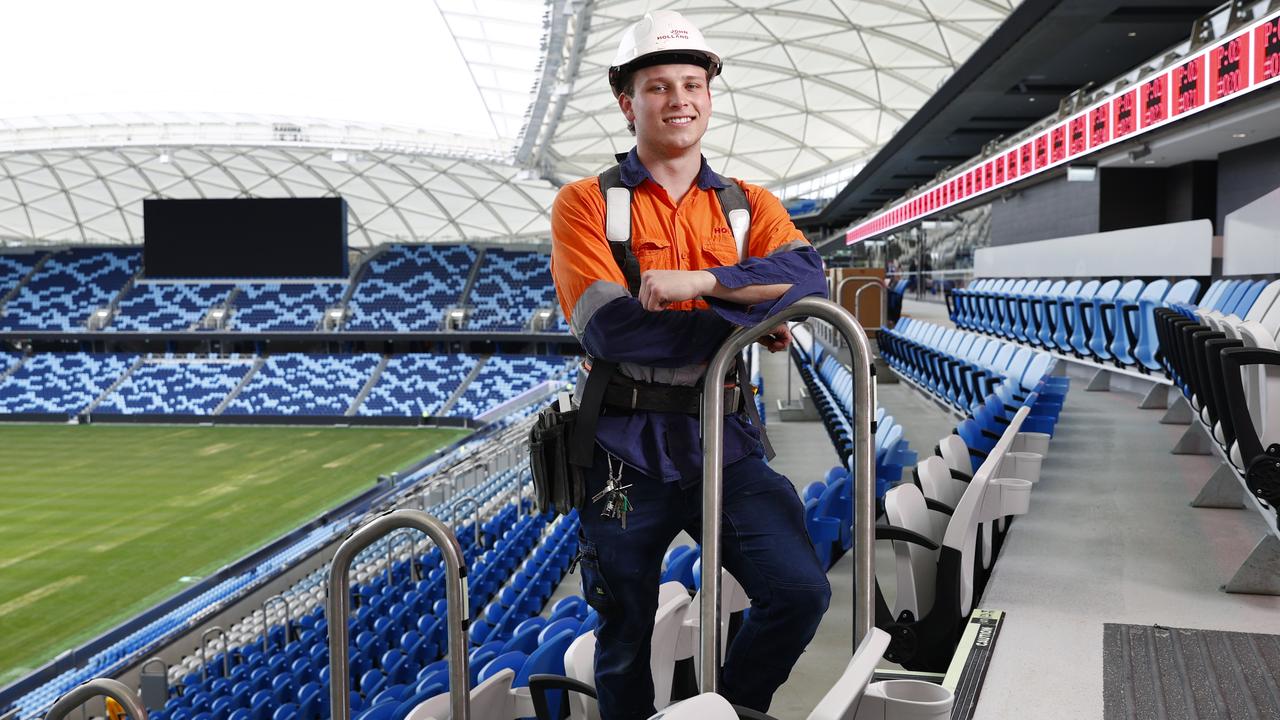 Darcy is a 2nd year apprentice carpenter who worked on the stadium since day one. Picture: Richard Dobson