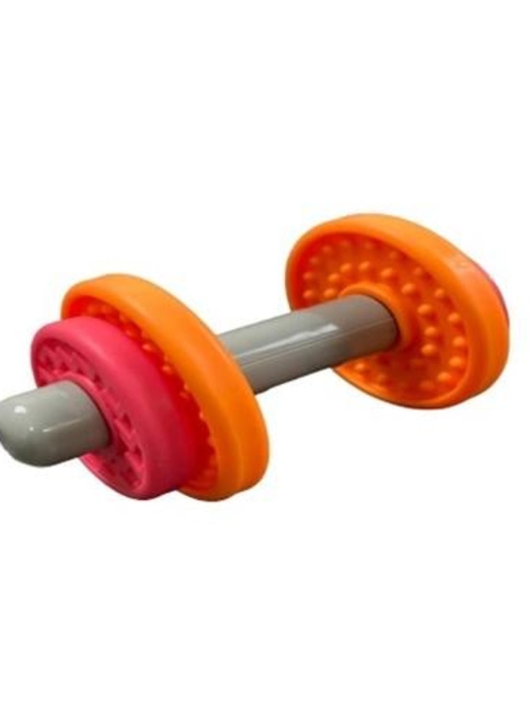 The product warning states the grey caps on the ends of the dumbbell toy can come off. Picture: Supplied