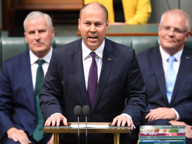 Treasurer Josh Frydenberg handing down his first Federal Budget in the House of Representatives at Parliament House in Canberra. Picture: Lukas Coch