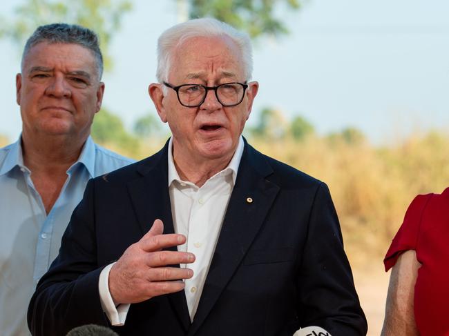 Mining Minister Mark Monaghan, Tamboran Resources director Andrew Robb and Chief Minister Eva Lawler as the company is awarded Major Project status for its Beetaloo basin development. Picture: Pema Tamang Pakhrin