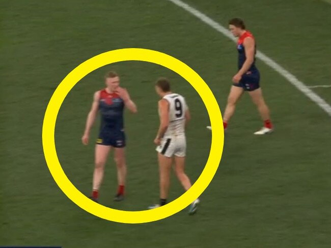 Clayton Oliver has been saluted for this unseen moment in the fourth quarter of the Blues-Demons semifinal. Picture: Channel 7