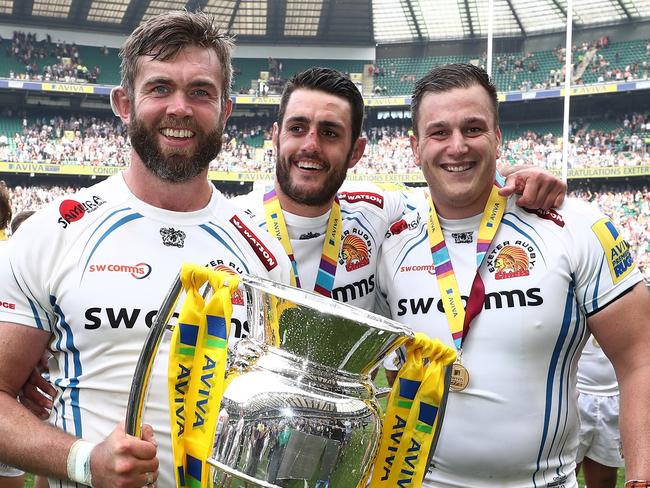 Geoff Parling (L) with Aussie Exeter Chiefs teammate Dave Dennis (C).