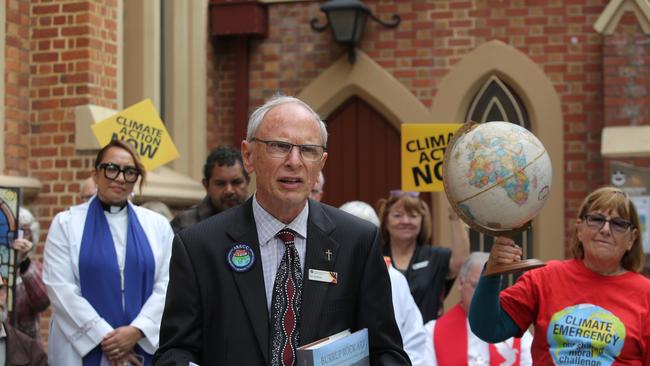 President of the Australian Religious Response to Climate Change, pictured here, at the event outside Wesley Uniting Church, in Perth, WA. Picture: NewsWire/Philip Gostelow