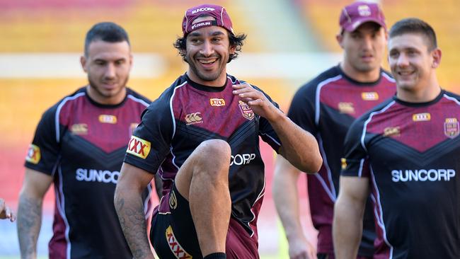 BRISBANE, AUSTRALIA — MAY 23: Johnathan Thurston warms up during a Queensland Maroons State of Origin training session at Suncorp Stadium on May 23, 2017 in Brisbane, Australia. (Photo by Bradley Kanaris/Getty Images)