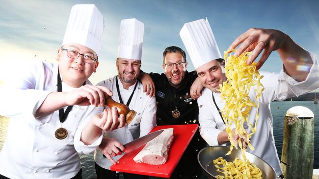 The Tassie team, from left, Neil Li (chef de partie), Robin Kelly (senior chef de cuisine), Paul Forman (team manager) and Michael Norton (Drysdale team captain) who won gold at the Battle of the Pacific challenge. Picture: ZAK SIMMONDS