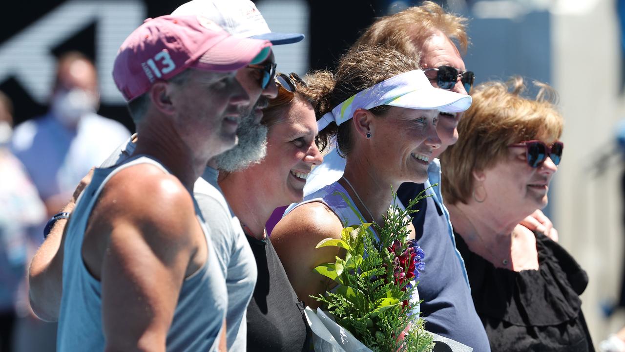 Sam Stosur poses for a photo with her family at last year’s Australian Open. Photo by Michael Klein.