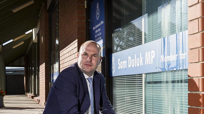 Sam Duluk at his Blackwood electoral office. Picture: AAP/ Mike Burton