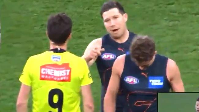 The moment before Toby Greene bumped into umpire Matt Stevic. Picture: Fox Sports