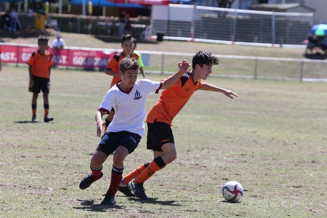 The Premier Invitational football tournament on the Gold Coast. TSS v Brisbane Roar under-13s in action. Picture: Mike Batterham.