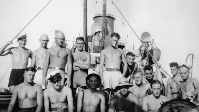 Victor ‘Ray’ Leonard, back row left, aboard HMAS Armidale. Picture: Australian War Memorial