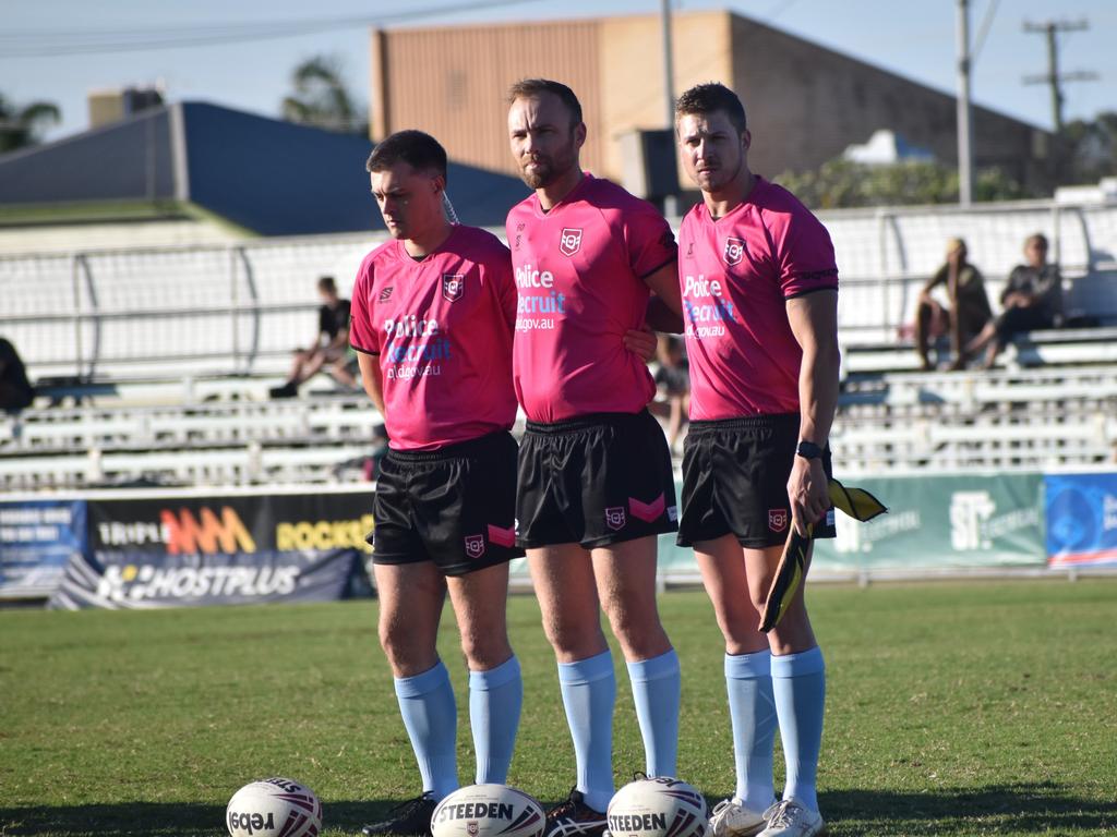 Hostplus Cup referees before the CQ Capras versus Souths Logan Magpies Round 22 game at Rockhampton's Browne Park on August 19, 2023.