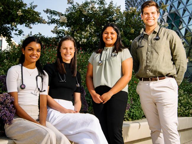 2nd and 3rd year future doctors Liya Joseph, Emma Lane, Reema Madike, and Gavin Regan in Adelaide, Saturday, February 19, 2022. (The Advertiser/ Morgan Sette)