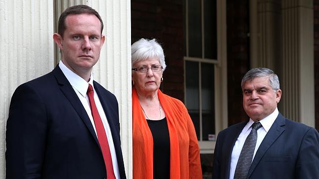 Sacked mayors Darcy Byrne (Leichhardt), Lucille McKenna (Ashfield) and Sam Iskandar (Marrickville) outside Petersham Town Hall following the Baird government’s amalgamation of local councils. Picture: Jane Dempster