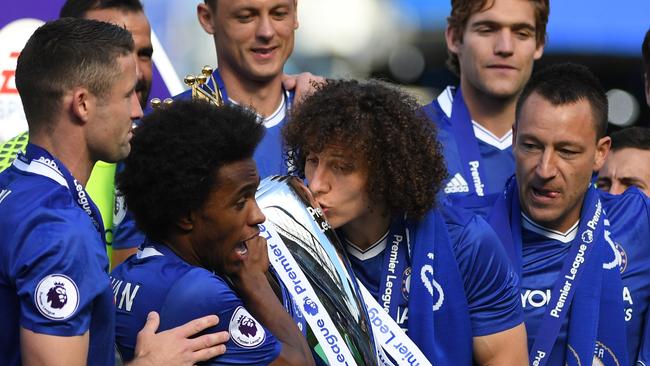 David Luiz of Chelsea kisses the Premier League