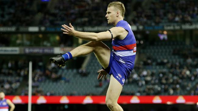 Jake Stringer has a shot at goal against Collingwood. Picture: Michael Klein
