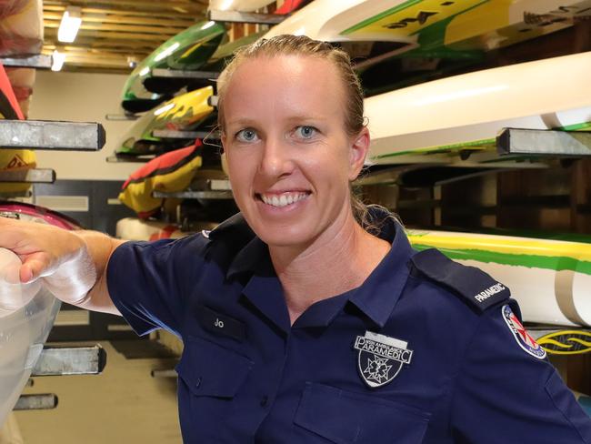 Olympic kayaker and frontline paramedic Jo Brigden- Jones at the AIS kayaking HQ on the Gold Coast, juggling her time between her two passions. Picture Glenn Hampson