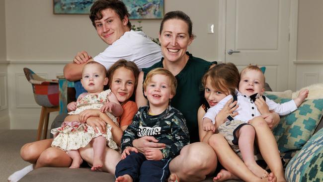 Jana Pittman, with her six children, Willow, Cornelis, Emily, Charlie, Jemima, and Quinlan. Picture: Justin Lloyd.