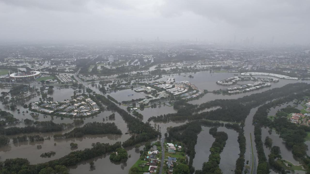 Emmanuel College (centre of picture) has been overwhelmed by the Nerang River. Picture: Facebook/Tyler Scott