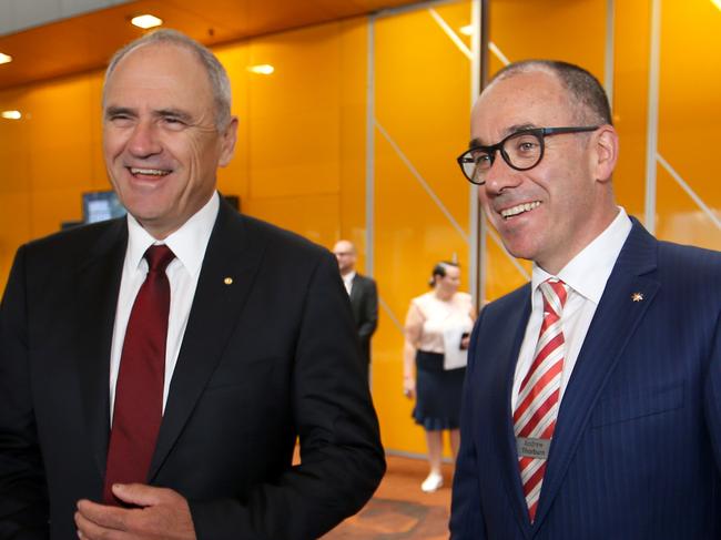 19/12/2018 NAB Chairman Ken Henry and CEO Andrew Thorburn chat with shareholders before the AGM at Melbourne Convention Centre.Picture : David Geraghty / The Australian.