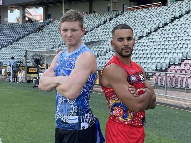 North Melbourne captain Jack Ziebell and Gold Coast Suns skipper Touk Miller at TIO Stadium. Picture AFLNT Media.