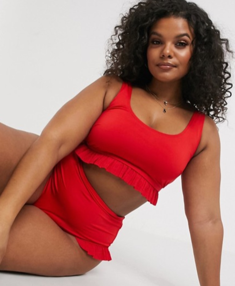 ASOS Curve, Pleated Frill Bikini in Red.