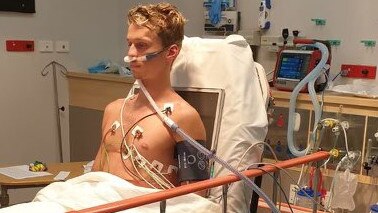Travis Coleman recovering in hospital after his shallow water blackout. Picture: supplied