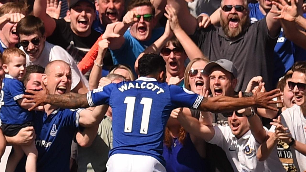 Everton's Theo Walcott celebrates scoring against Manchester United. Picture: AFP