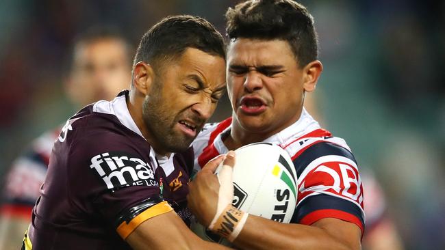 Brisbane’s Benji Marshall tackles the Roosters’ Latrell Mitchell.