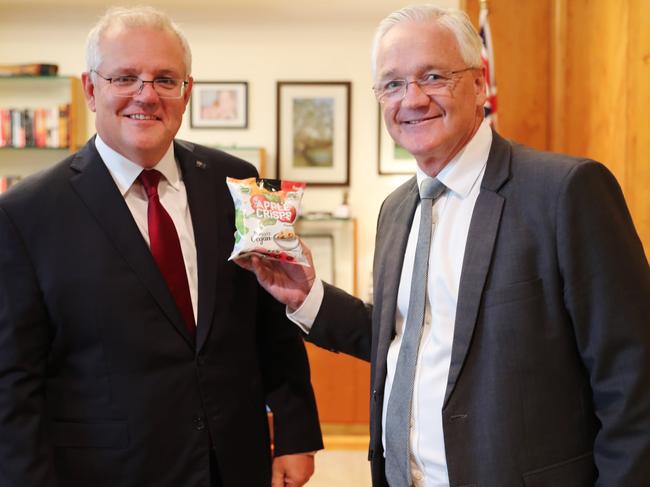 Nationals Whip Damian Drum shares produce from his Victorian electorate of Nicholls with Prime Minister Scott Morrison and Nationals leader Michael McCormack. Picture: Damian Drum’s instagram