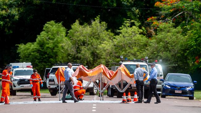 Police conduct their investigations near the scene of the incident in Jingili. Picture: Che Chorley