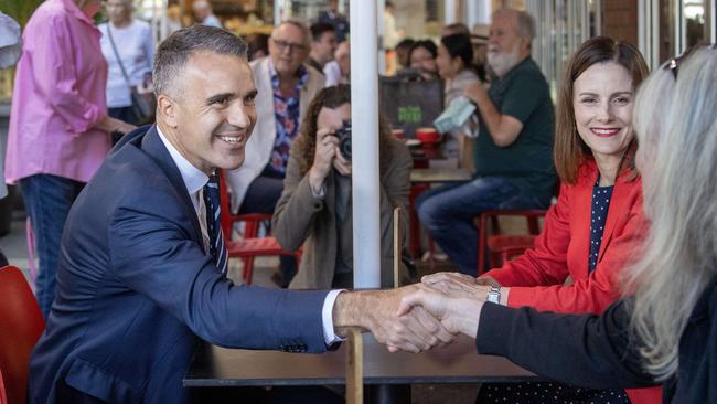 Premier Peter Malinauskas and Cressida O'Hanlon have a coffee in Norwood on March 28, 2024 after she won the Dunstan by-election. Picture: NCA NewsWire / Kelly Barnes