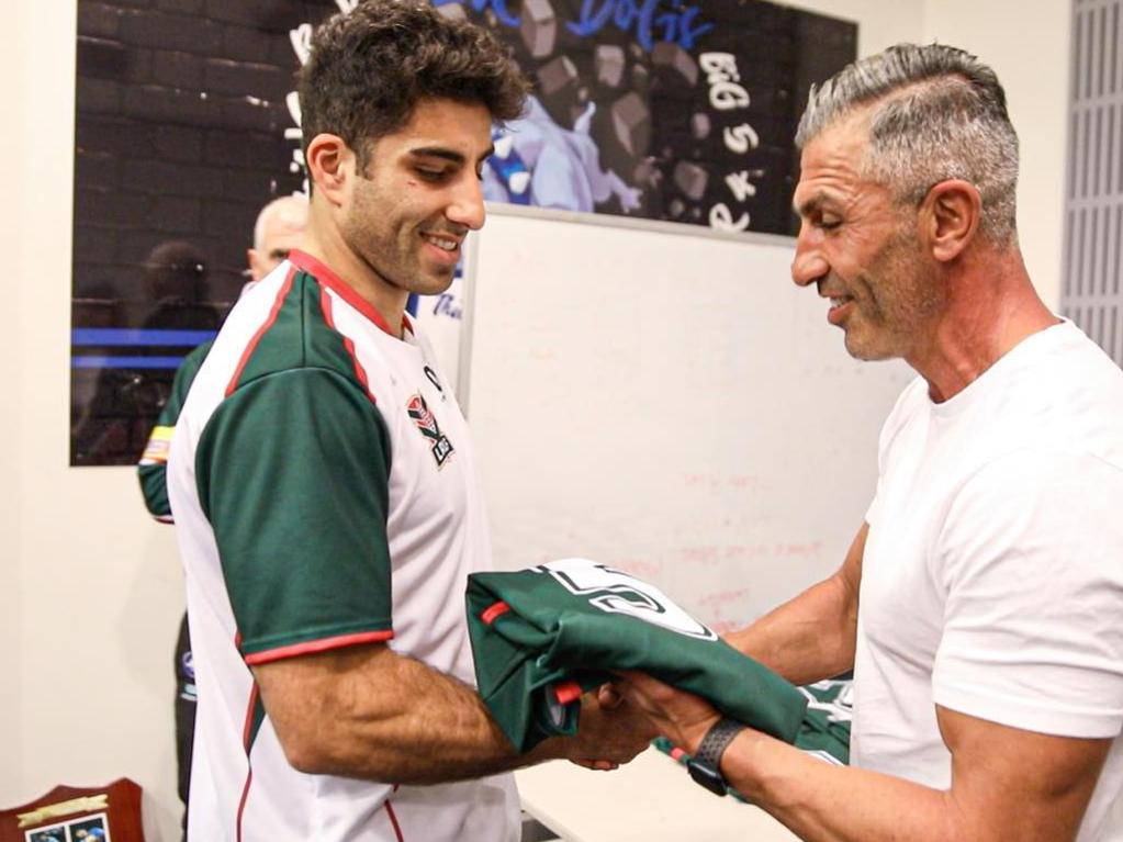 Yassmin is presented his jersey by Cedars legend George Katrib. Picture: Lebanon RL
