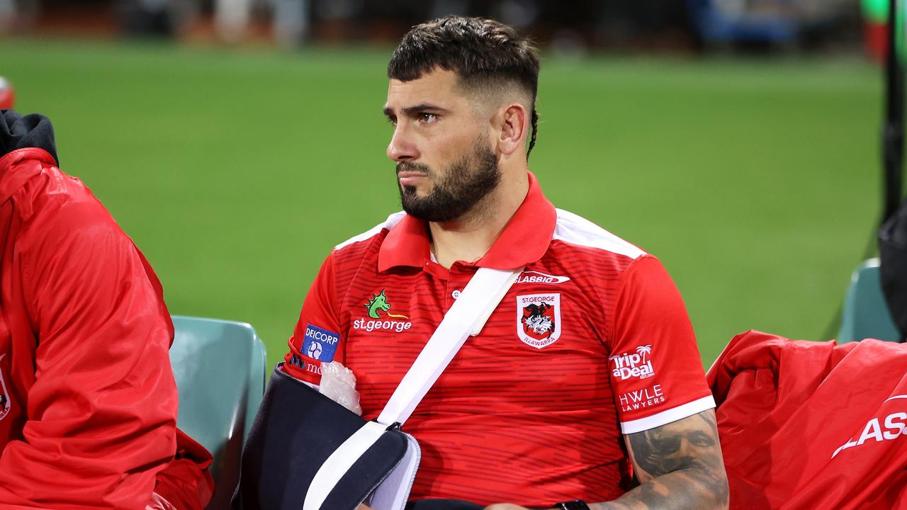 SYDNEY, AUSTRALIA - APRIL 25: Jack Bird of the Dragons watches on from the bench with his arm in a sling during the round seven NRL match between the St George Illawarra Dragons and the Sydney Roosters at Sydney Cricket Ground, on April 25, 2022, in Sydney, Australia. (Photo by Mark Kolbe/Getty Images)