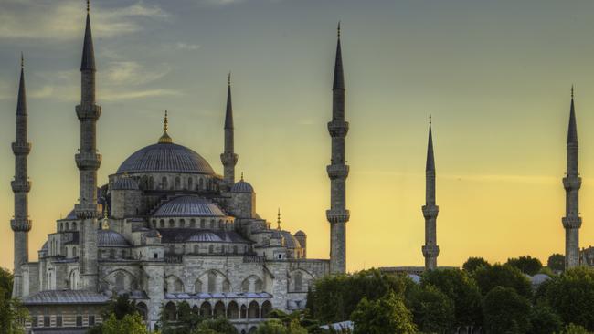 The Sultan Ahmed Mosque in Istanbul, Turkey at sunset.