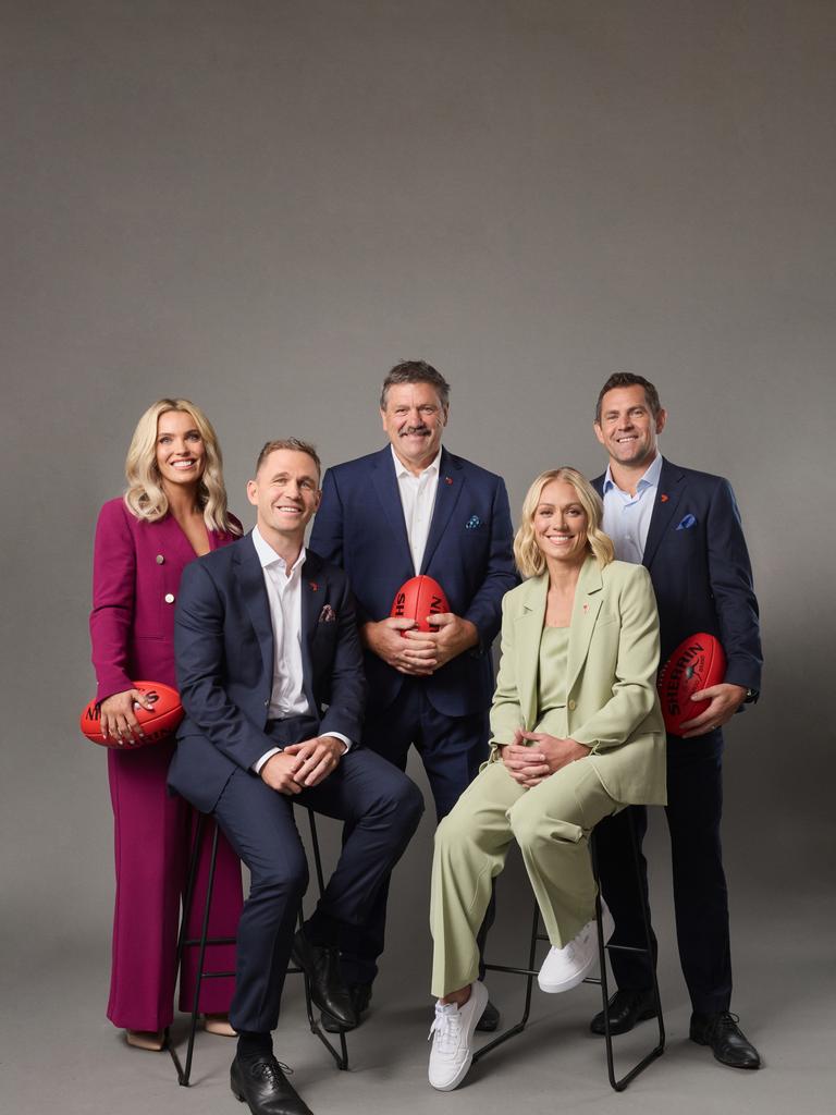 The 2024 Channel 7 commentary team: Abbey Holmes, Joel Selwood, Brian Taylor, Erin Phillips and Luke Hodge. Picture: Channel 7/Supplied