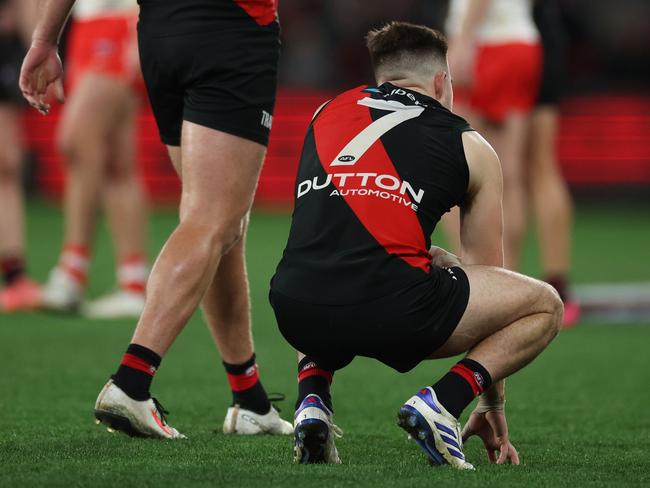 Zach Merrett sums up the Bombers mood at full-time. Picture: Daniel Pockett/Getty Images