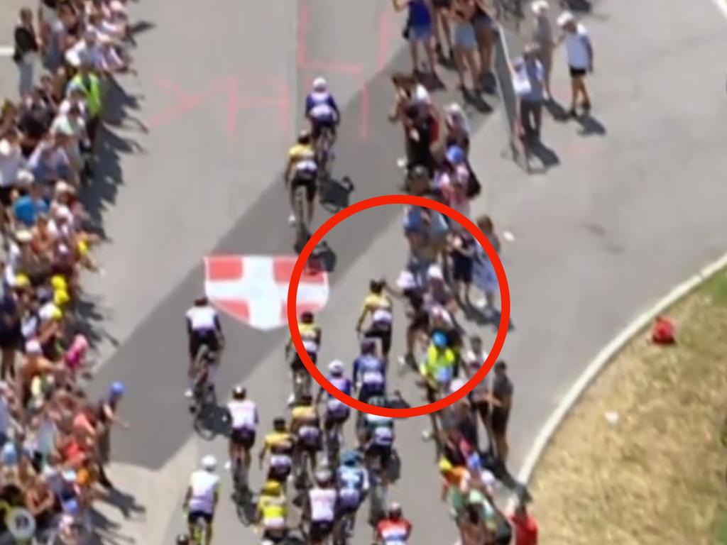 A fan taking a selfie caused a major crash in the Tour de France. Picture: Eurosport